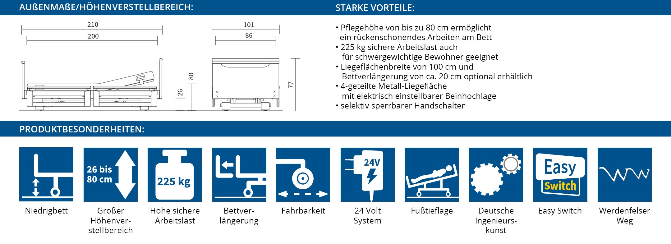 BURMEIER Pflegebett Regia Easy Switch Abmessungen und technische Daten